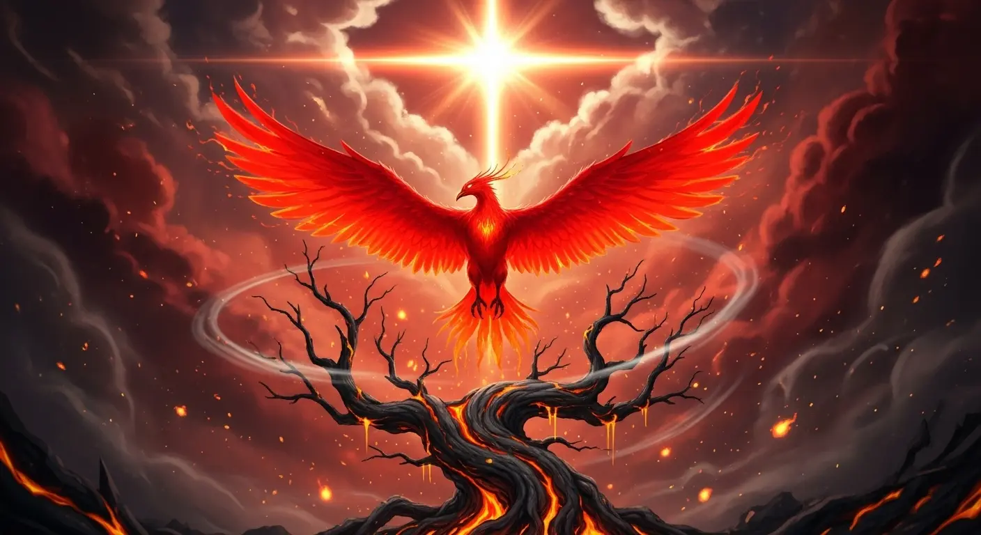 Fiery red phoenix ascends from glowing lava tree beneath star-like crypto cross in SparkDEX fantasy artwork