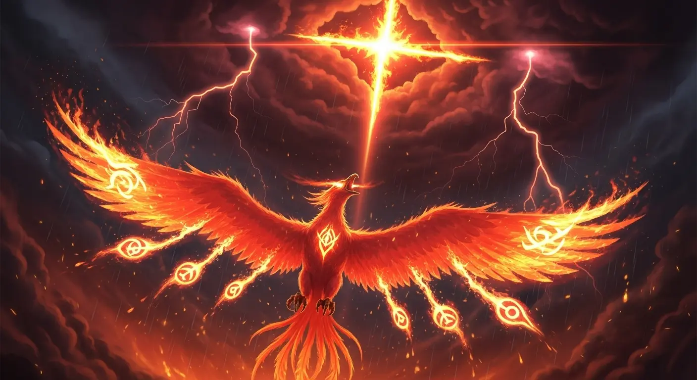 Fiery phoenix with glowing crypto sigils ascends beneath cross-shaped light and stormy sky in SparkDEX artwork