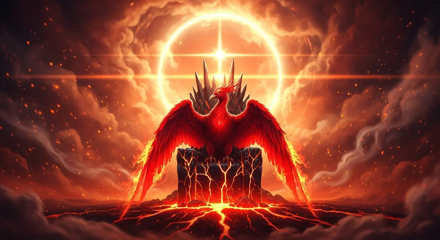 Fiery red phoenix with glowing crypto star above, soaring through smoke and embers in SparkDEX digital artwork