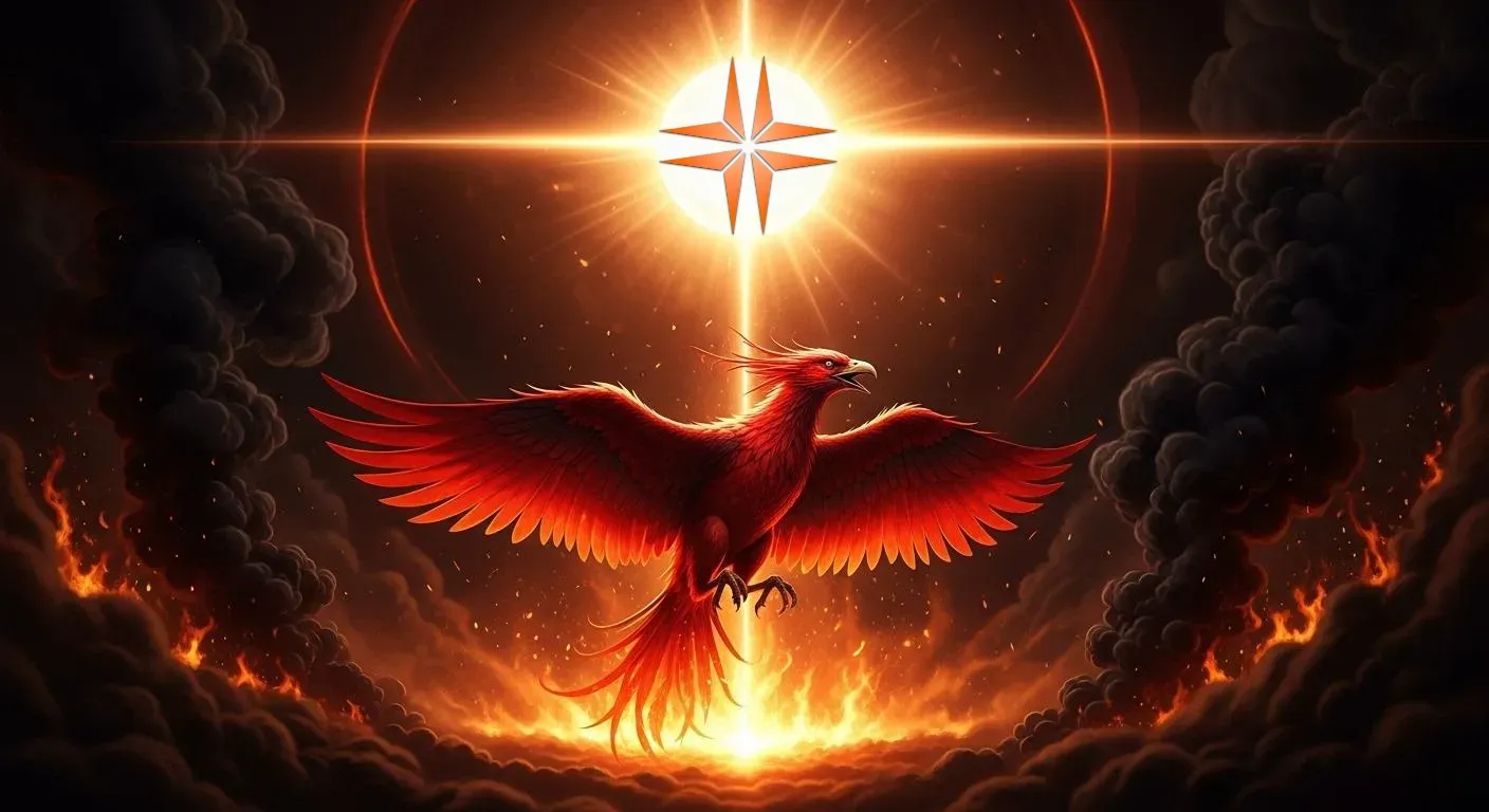 Fiery red phoenix with glowing crypto star above, soaring through smoke and embers in SparkDEX digital artwork