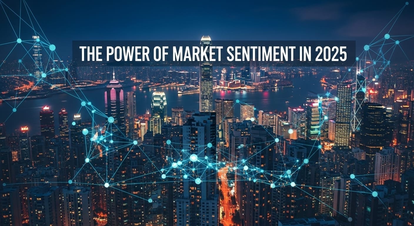 Futuristic city skyline at night with glowing skyscrapers, digital blue network overlay, and text reading 'The Power of Market Sentiment in 2025