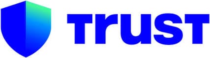 Trust Wallet logo in blue bold letters with a blue to green gradient shield icon on white background