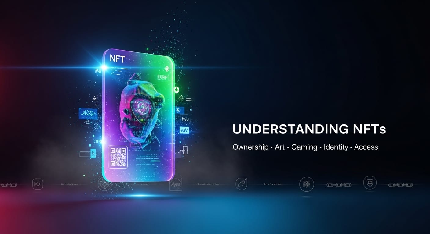 Holographic Crypto device with glowing NFT display, colorful data visuals, and digital icons, illustrating the future of ownership, art, gaming, and access.