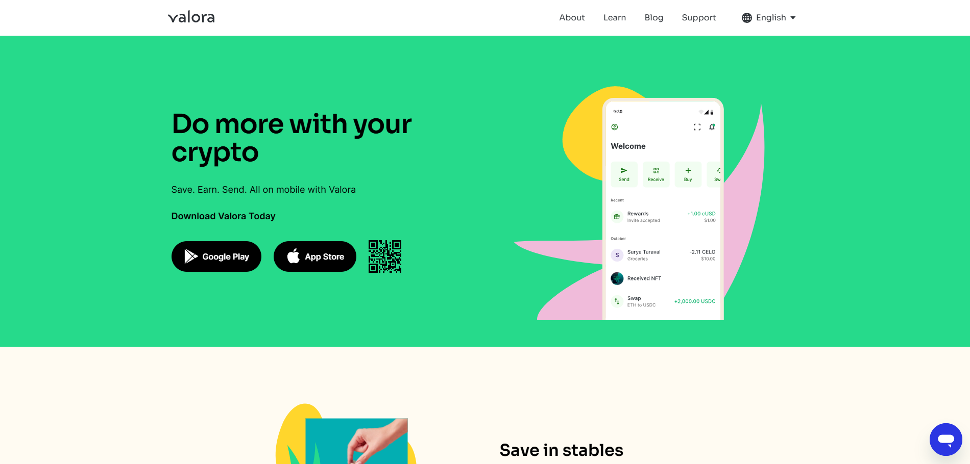 Valora website landing page featuring a light green and white background, a mobile app preview with crypto options like send, receive, buy, and swap, and download buttons for Google Play and App Store.