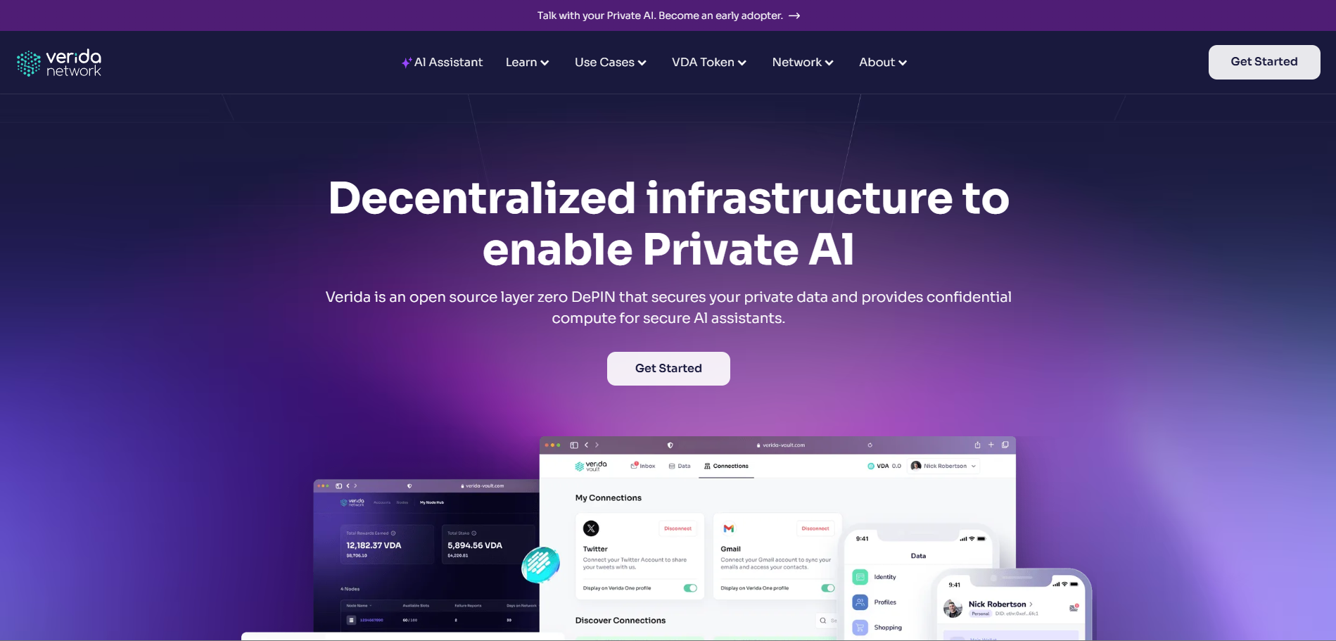 Verida homepage with "Decentralized infrastructure for Private AI" headline and three device mockups below.