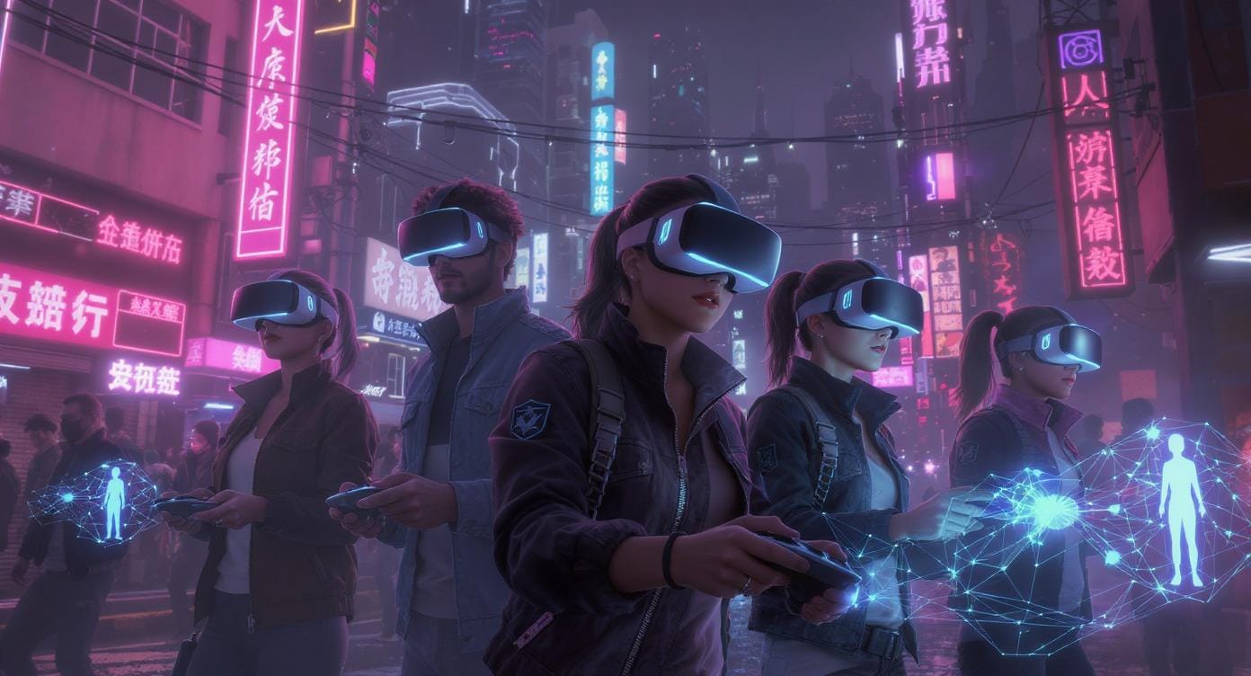 Five adults wearing VR headsets and holding controllers in a neon-lit futuristic city, engaged in a digital experience