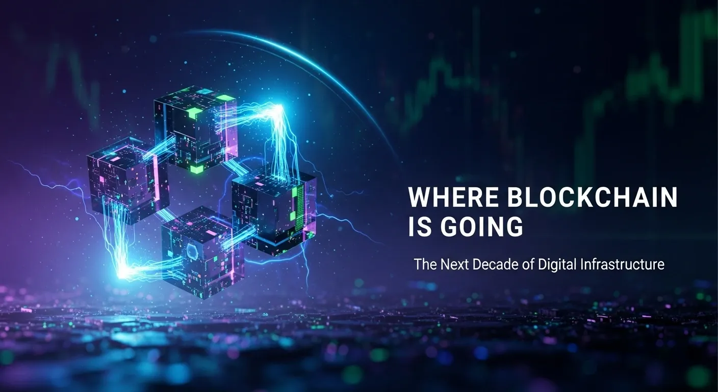 Glowing blockchain cubes and futuristic data flow with “Where Blockchain Is Going” headline