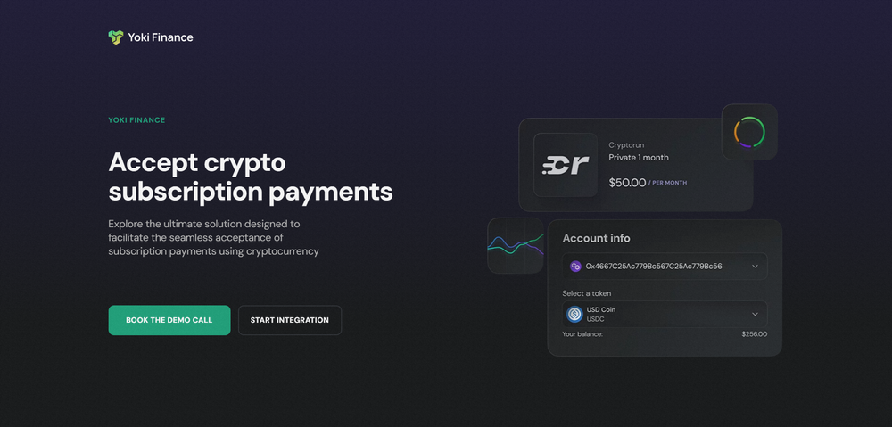 Yoki Finance site showing crypto subscription options, wallet info, and a $50/month plan on a dark interface.