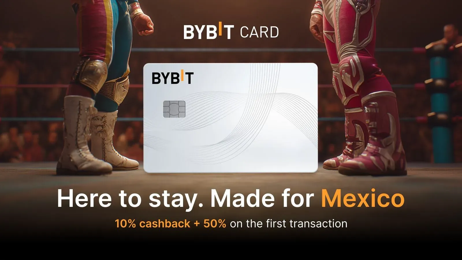 At the center is a sleek, white credit/debit card with the Bybit logo on it, stylized with the letters "BYB" in black and "IT" in orange.