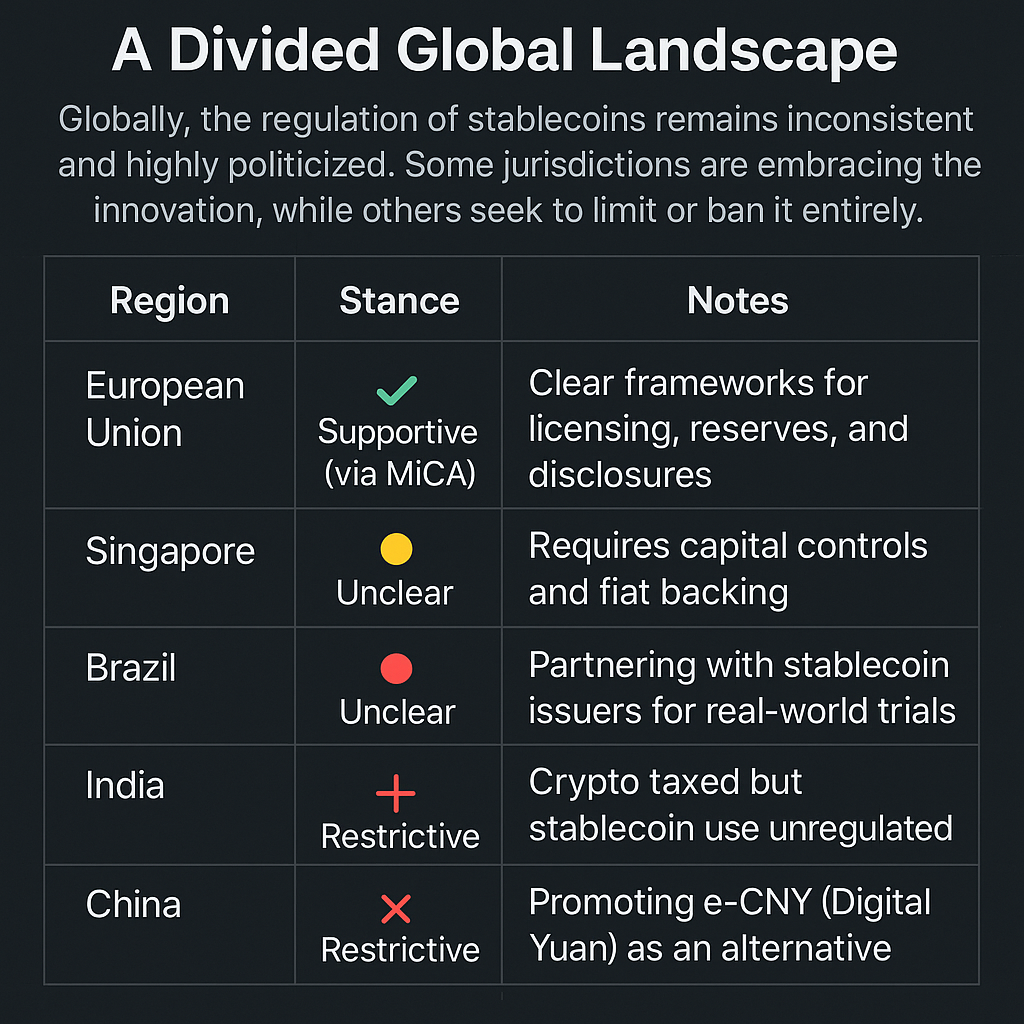 Infographic table comparing global stablecoin regulations, showing supportive, unclear, and restrictive stances in regions like the EU, Singapore, Brazil, India, and China, with notes on policies and requirements.