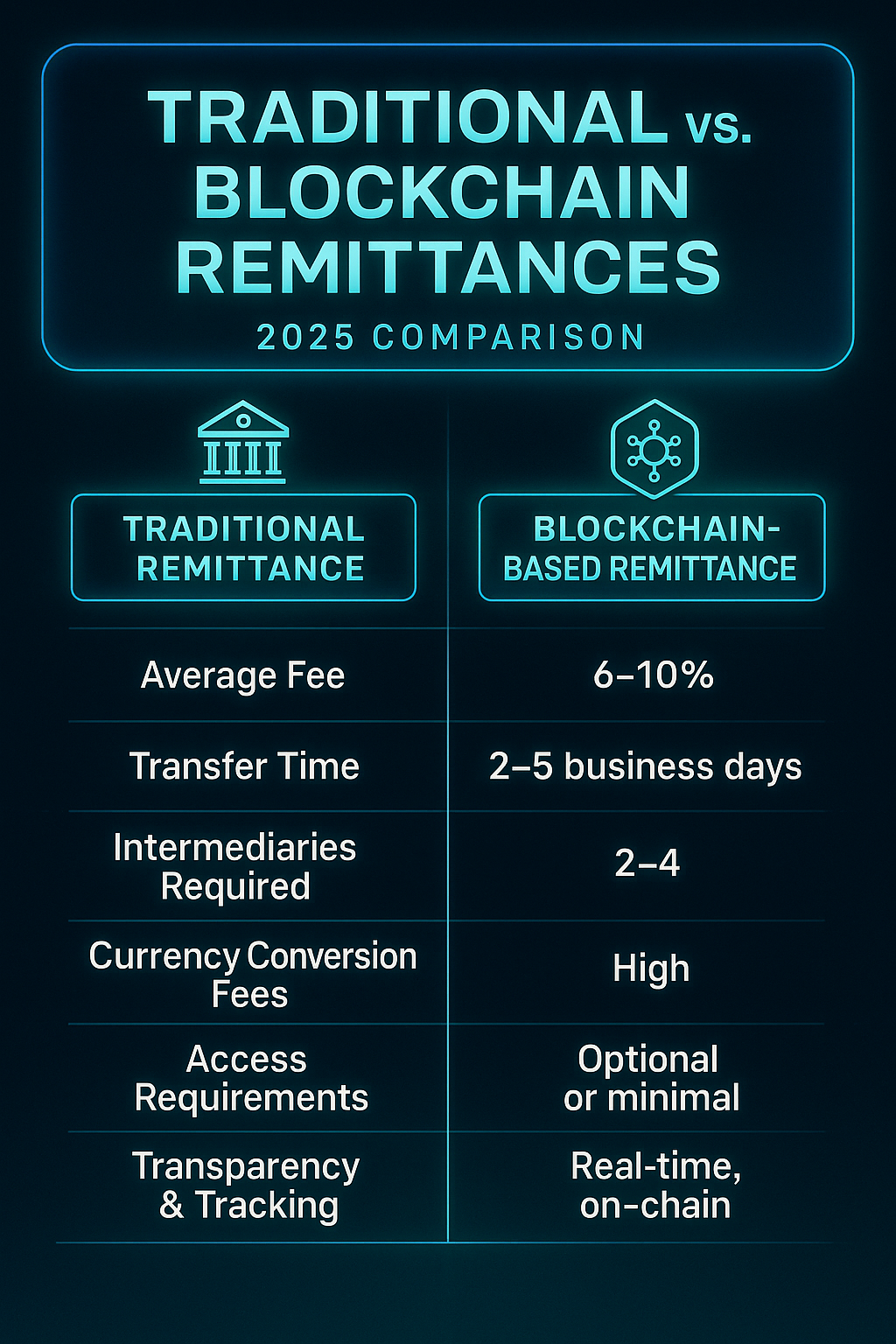 Digital infographic comparing traditional remittance and blockchain-based remittance in 2025, highlighting differences in fees, transfer time, intermediaries, currency conversion costs, access requirements, and transparency.