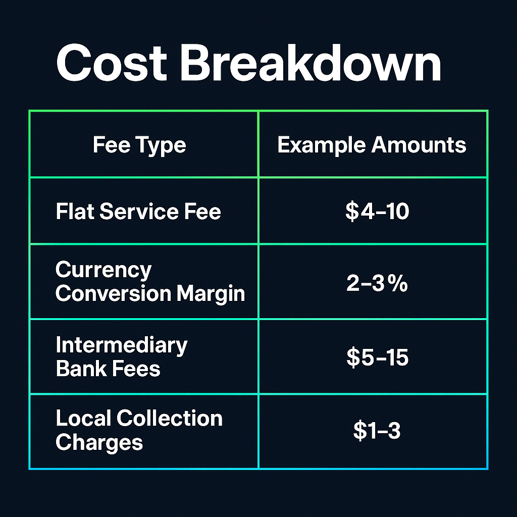 Dark-themed infographic showing 2025 remittance fee types and amounts in bold contrast text for easy reading.