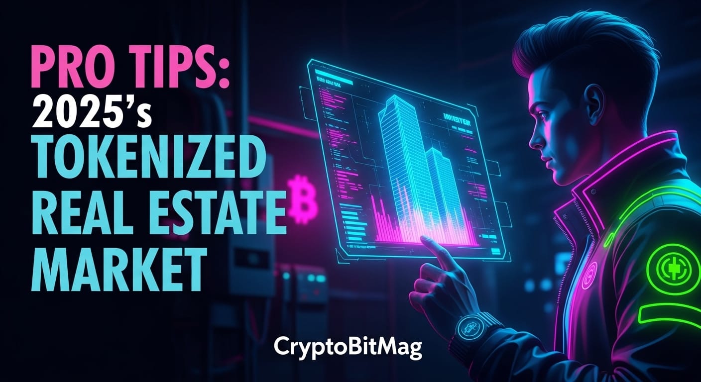 Neon-style analyst reviewing a holographic dashboard of city towers—headline about pro tips on the 2025 tokenized real estate market.