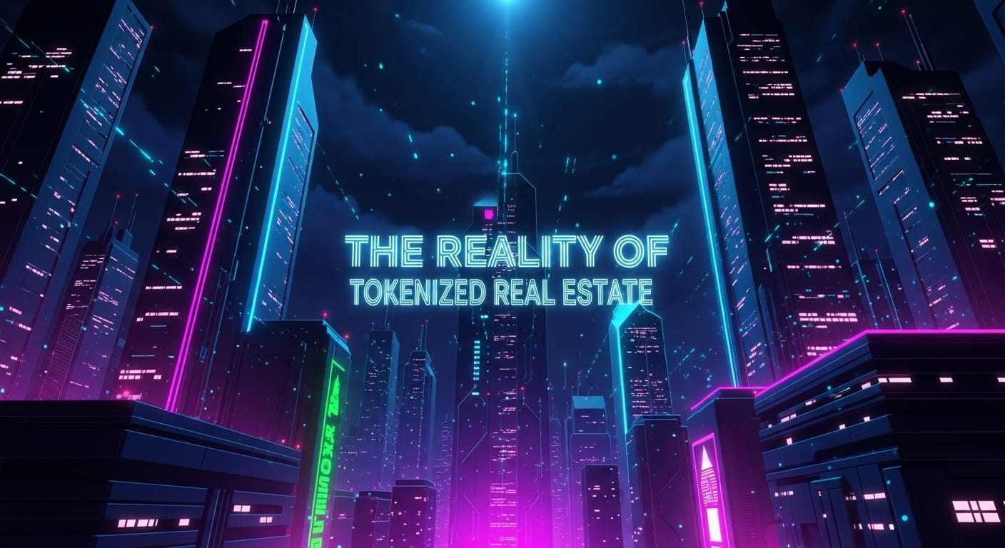 Night cityscape with glowing, cyber-neon towers representing the practical realities of tokenized real estate markets and infrastructure.
