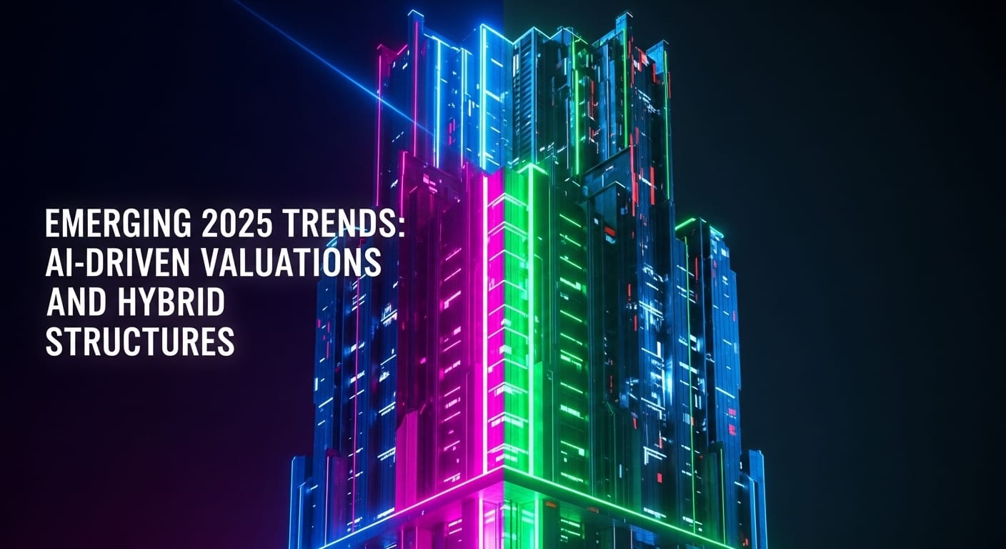 Stylized tower with luminous panels suggesting data flows—visualizing AI-assisted valuations and hybrid equity/debt fund structures in tokenized real estate.