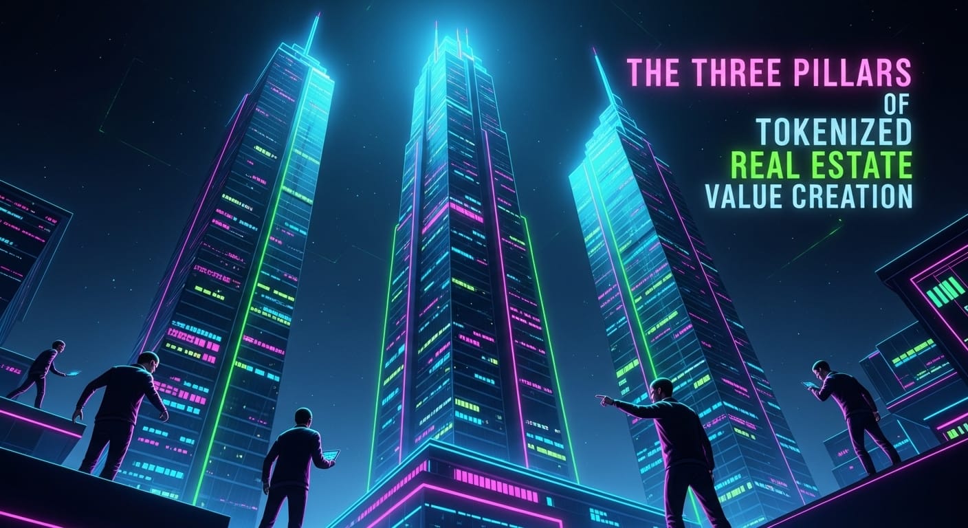 Three luminous skyscrapers symbolizing the pillars of value creation in tokenized real estate—access/compliance, liquidity design, and verifiable data.
