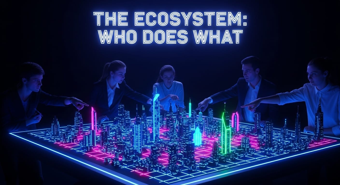 Team around a glowing city grid pointing to roles across the stack—issuer/manager, transfer agent, custodian, property manager, marketplace.