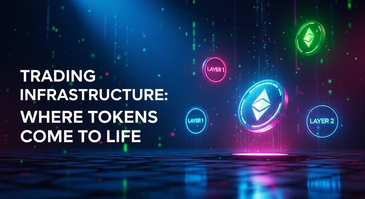 Floating coins marked Layer 1, Layer 2, and ETH over a digital floor—visualizing issuance, KYC, and settlement rails for tokenized assets.