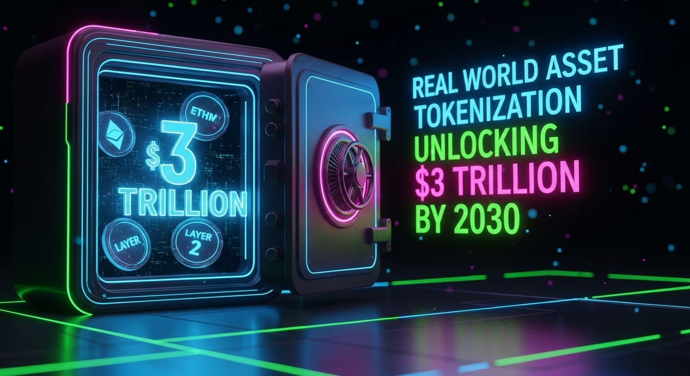 Neon vault and digital coins with “$3 trillion” text—illustrative projection for real-world asset tokenization by 2030.