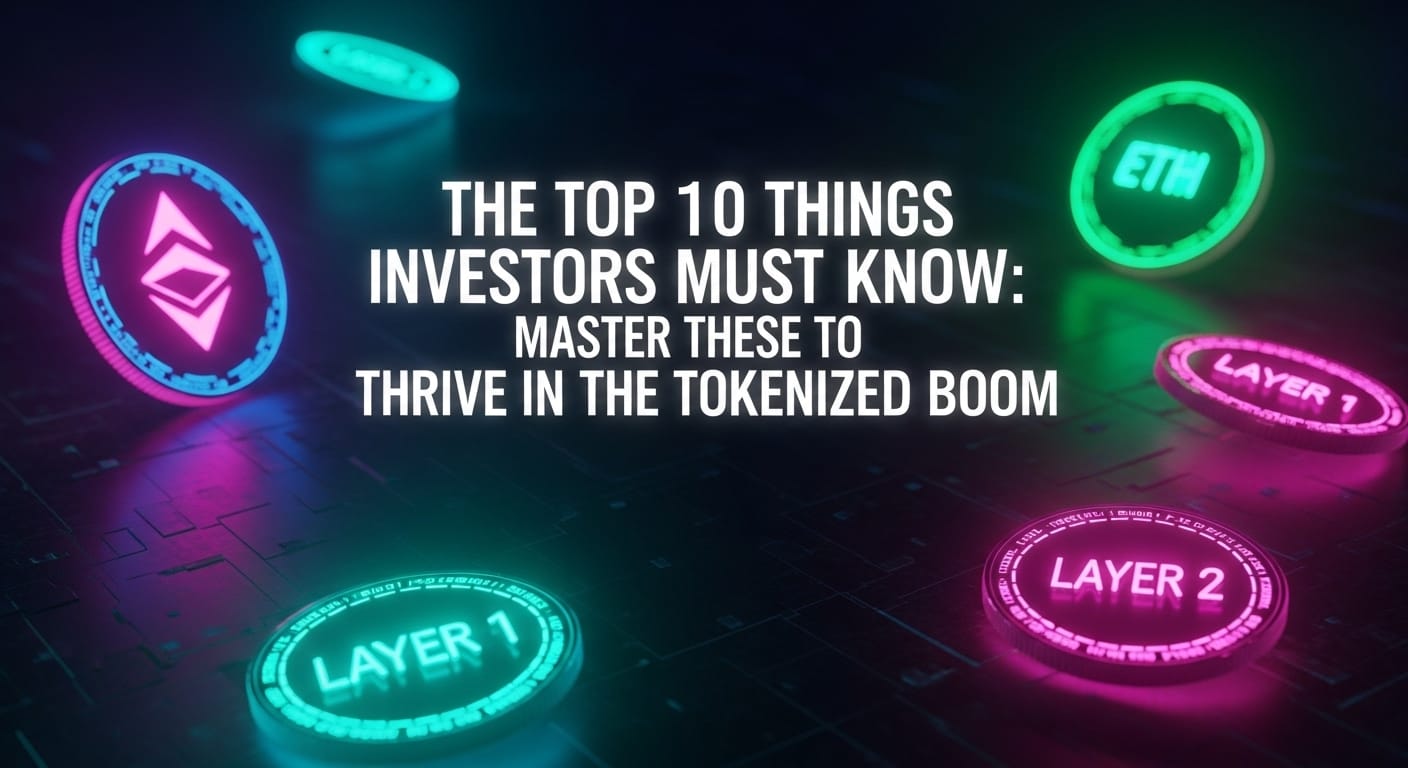 Neon tokens labeled LAYER 1/LAYER 2 and ETH over a circuit-like surface—cover art for the top ten investor essentials in tokenized real estate.