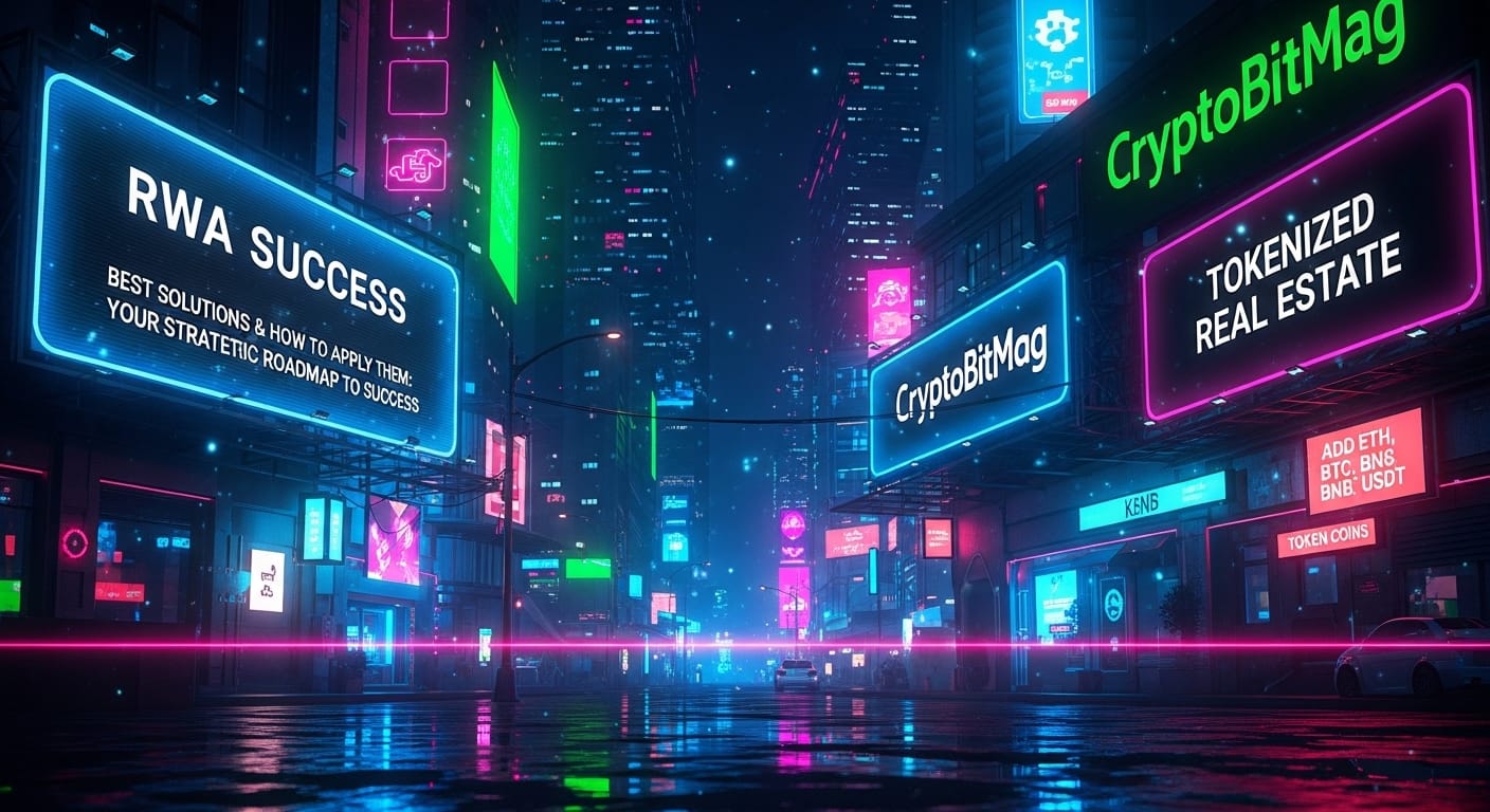 Neon miniature city with spotlit billboards—“RWA Success,” “CryptoBitMag,” and “Tokenized Real Estate”—representing a strategic execution map.