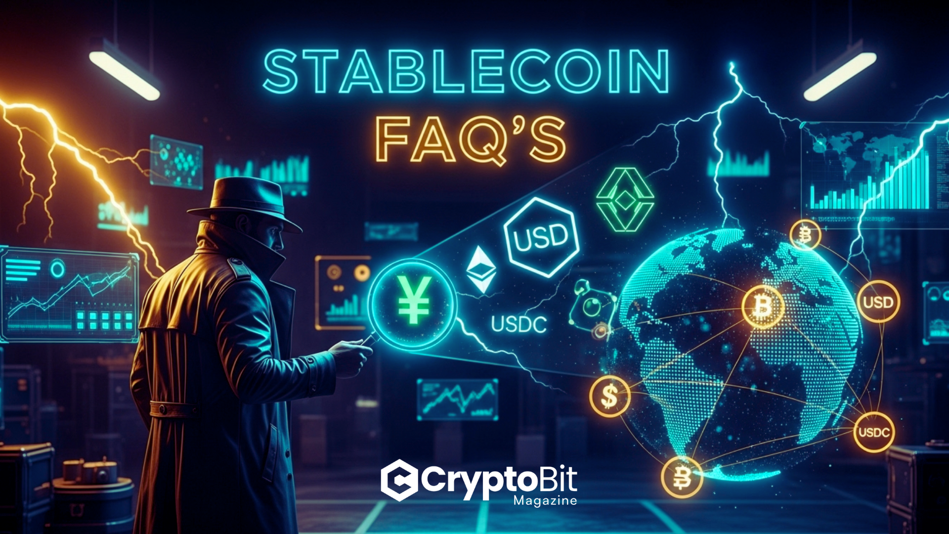 Cyberpunk investigator using a glowing magnifying glass to examine a holographic globe covered in Bitcoin, Ethereum, USD, USDT, and USDC symbols, with transaction lines and floating data screens. [ FAQ's include: What is the difference between stablecoins and Bitcoin? Can I use stablecoins to send money to family abroad? Are blockchain payments legal in my country? How are stablecoins backed? What are the best apps for crypto remittances?]