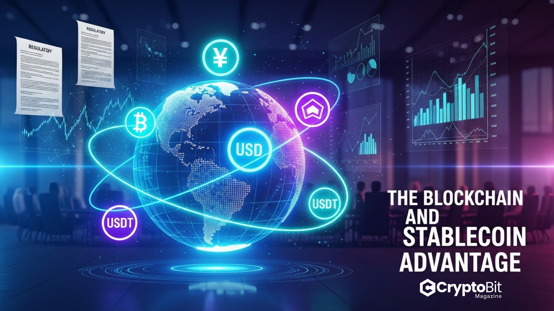 Cinematic globe with Bitcoin, Ethereum, and stablecoin icons orbiting, financial charts and regulatory documents in background, corporate boardroom silhouette.