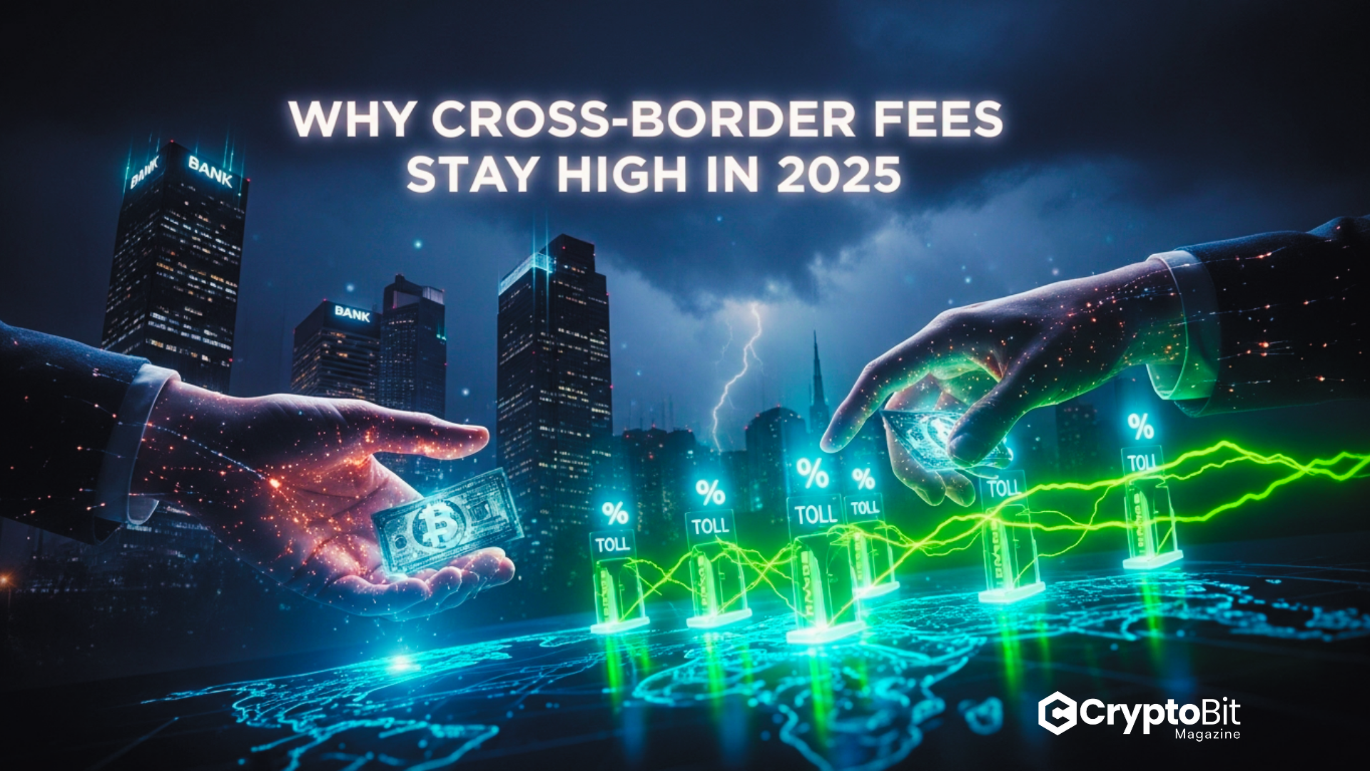 exchanging currency over virtual map, glowing transaction lines passing through toll gates with fee percentages, international bank skyscrapers behind.