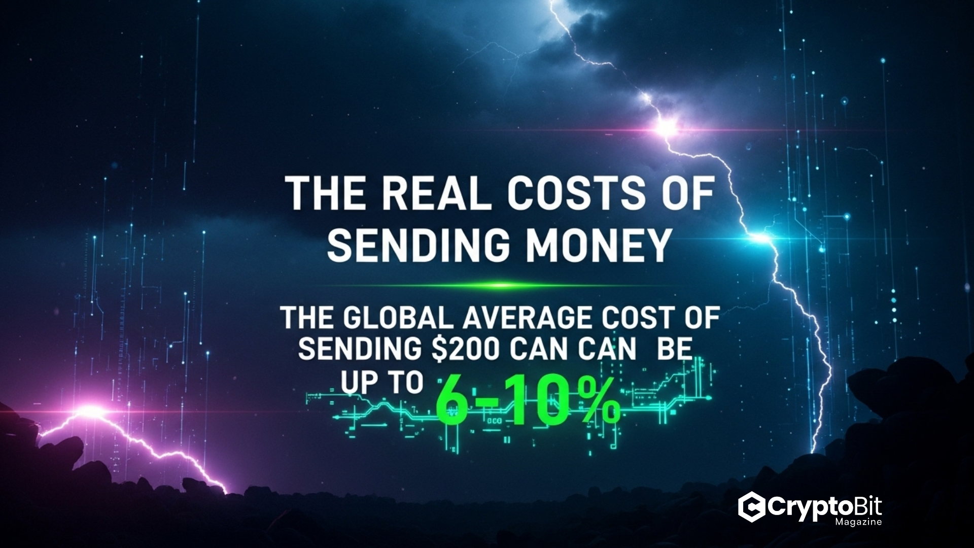 Info-graphic image highlighting $1B remittance fees of $62.6M vs stablecoin low-fee corridor, with bold text, lighting striking in purple/pink and blue tints, on a dark night with digital grid opaquely infused, all positioned above a desolate rocky setting.