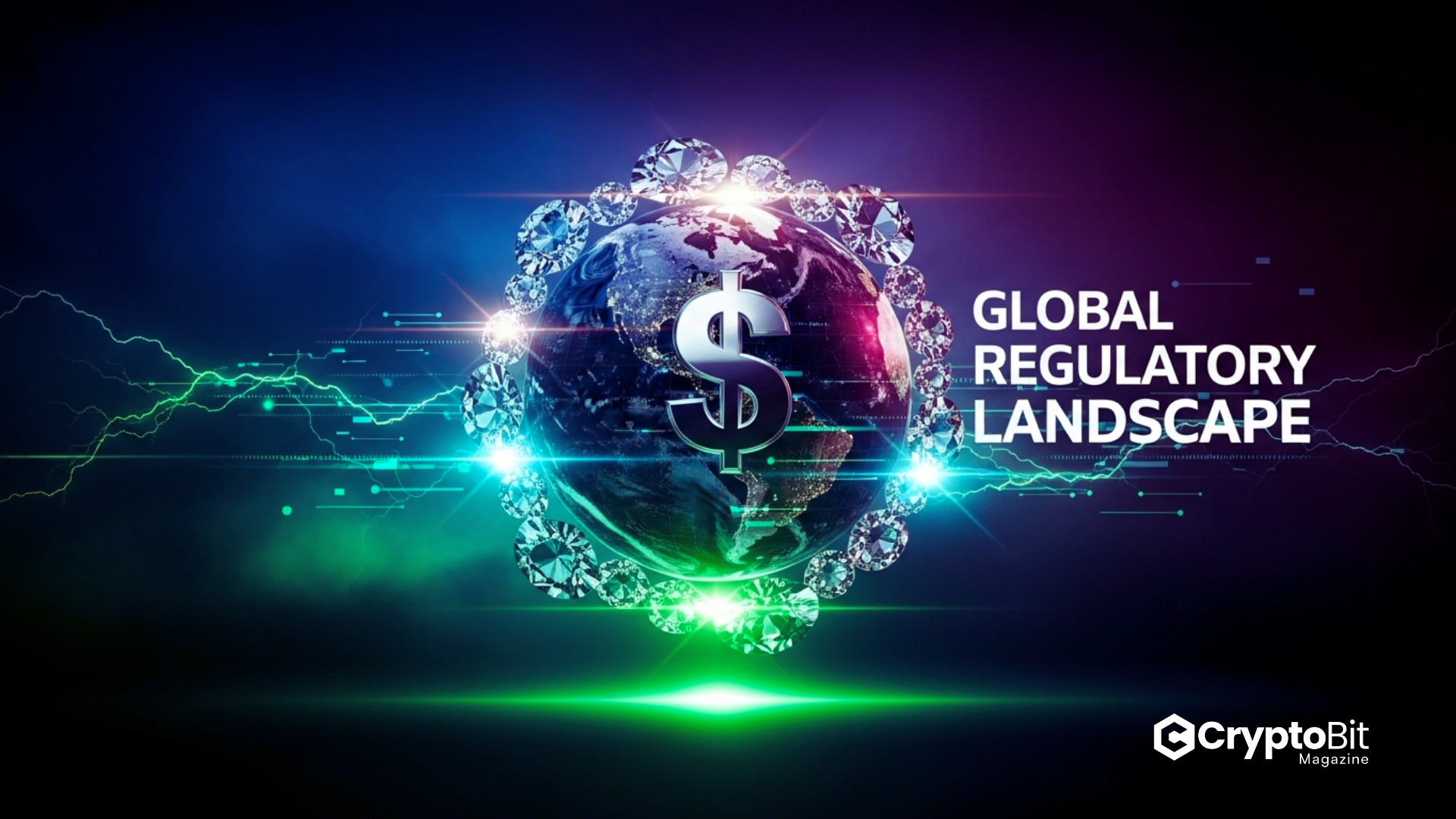 A dark, moody aesthetic with a futuristic, digital overlay dominates, featuring deep blues, purples, and blacks in the background, contrasting with bright, electric greens and teals for foreground elements, and stark white for text.rendered with silver metallic highlights and a shiny $ sign, floats centrally, encircled by dazzling jewels that catch the light. Text like "Global Regulatory Landscape" also featuring silver metallic highlights. The lighting creates a dramatic effect with sharp, bright highlights resembling lightning bolts or digital data streams. The rendering combines a realistic, photographic base for the globe with stylized, glowing, and glitch-like digital effects for text and abstract elements, embodying a nighttime, stormy, technological, and edgy.
