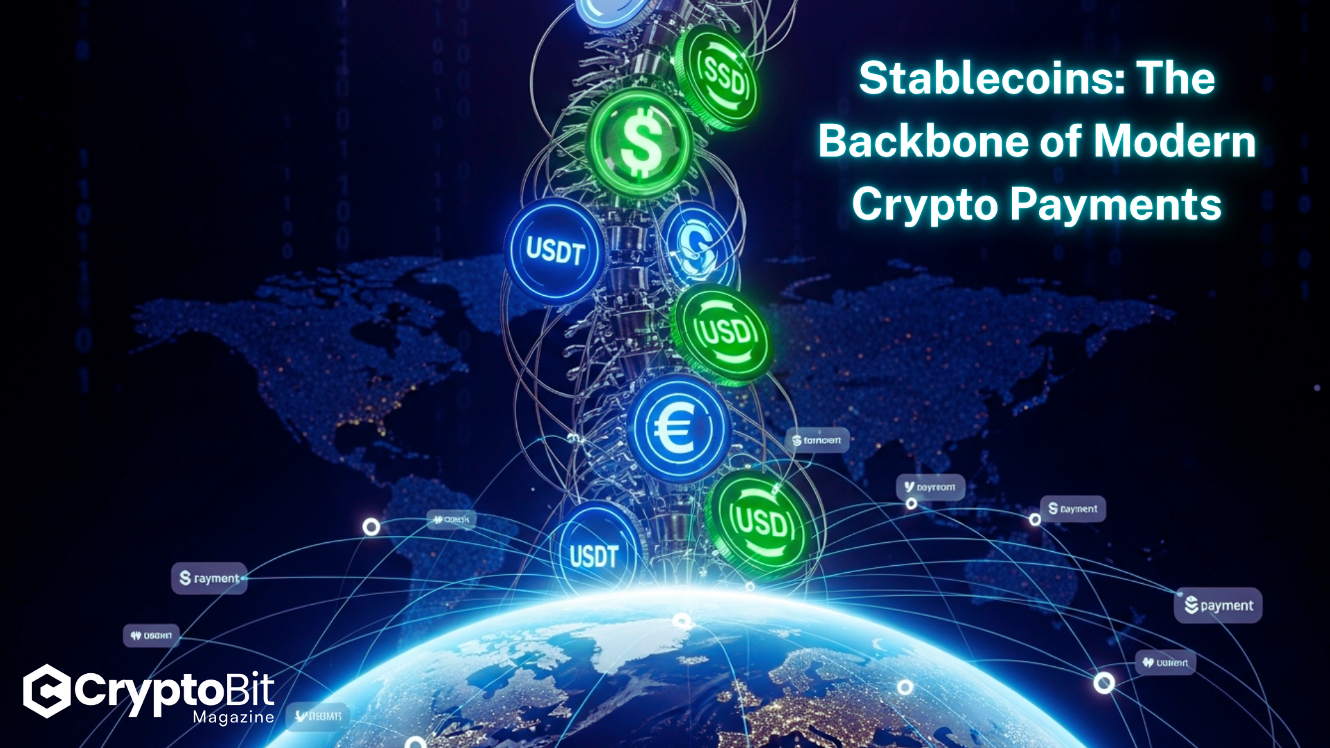 Cyberpunk biomechanical spine made of glowing stablecoin coins linked by holographic cables, running through a transparent Earth with global payment lines radiating outward.