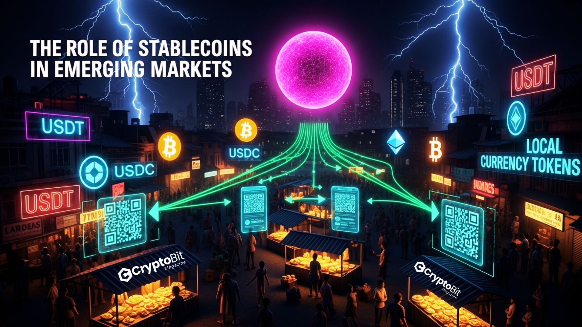 Cyberpunk-style aerial view of an emerging market city at night, with stablecoin-powered transactions connecting street vendors and small businesses to a glowing stablecoin sphere above.