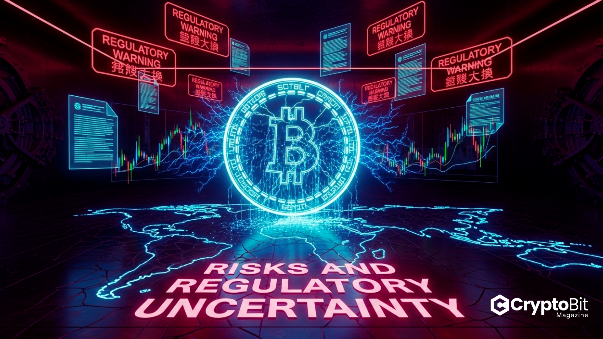 Cyberpunk vault scene with a cracked glowing stablecoin leaking data streams, surrounded by holographic regulatory warnings and legal documents, over a fractured glowing world map.