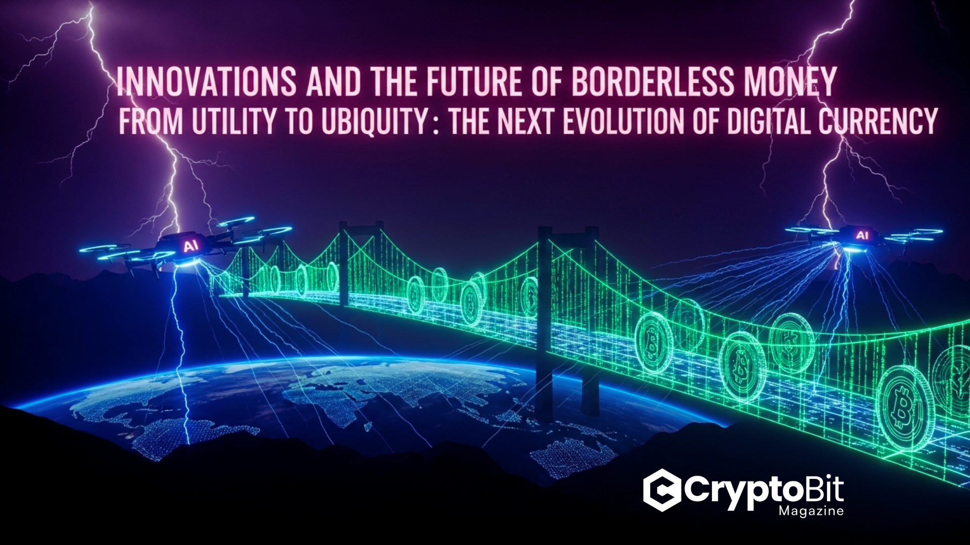 Cyberpunk scene of a glowing holographic bridge made of stablecoins and blockchain code streams connecting continents, with AI drones projecting transaction data and global payment lines radiating from Earth.