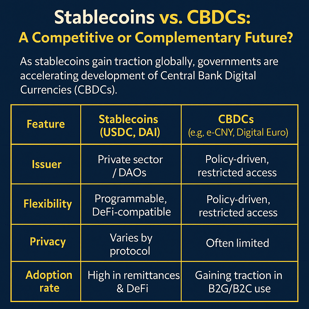 Digital infographic comparing key features of stablecoins like USDC and DAI with central bank digital currencies such as e-CNY and the Digital Euro, using a deep blue background, white and yellow text, clear spacing, and a bordered layout.