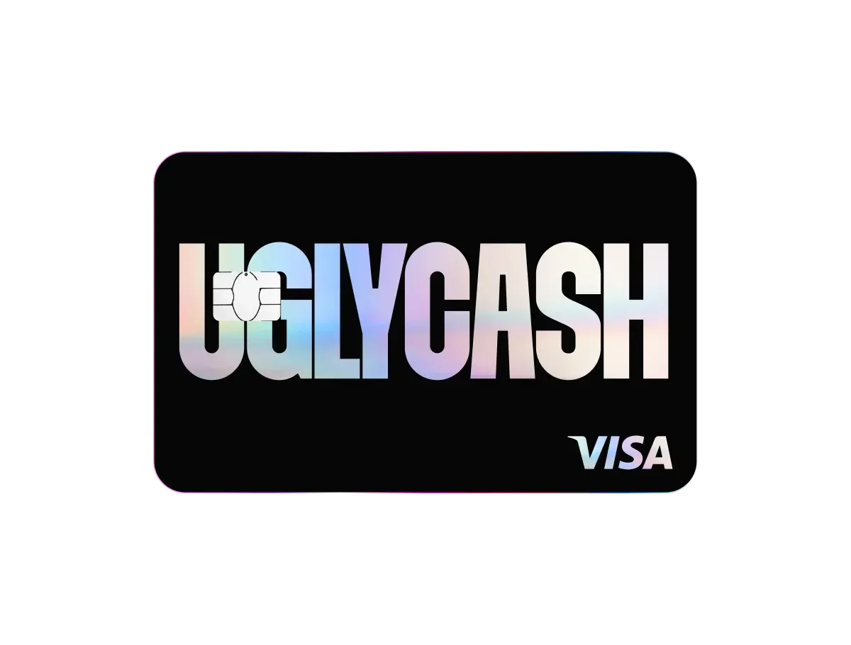 The image shows a bold, minimalist Visa card design with a black background. Dominating the card is the word “UGLYCASH” in large, holographic gradient letters that shift through soft pastel tones. The Visa logo appears in the bottom right corner in matching holographic style, while a chip is placed on the left side of the card.