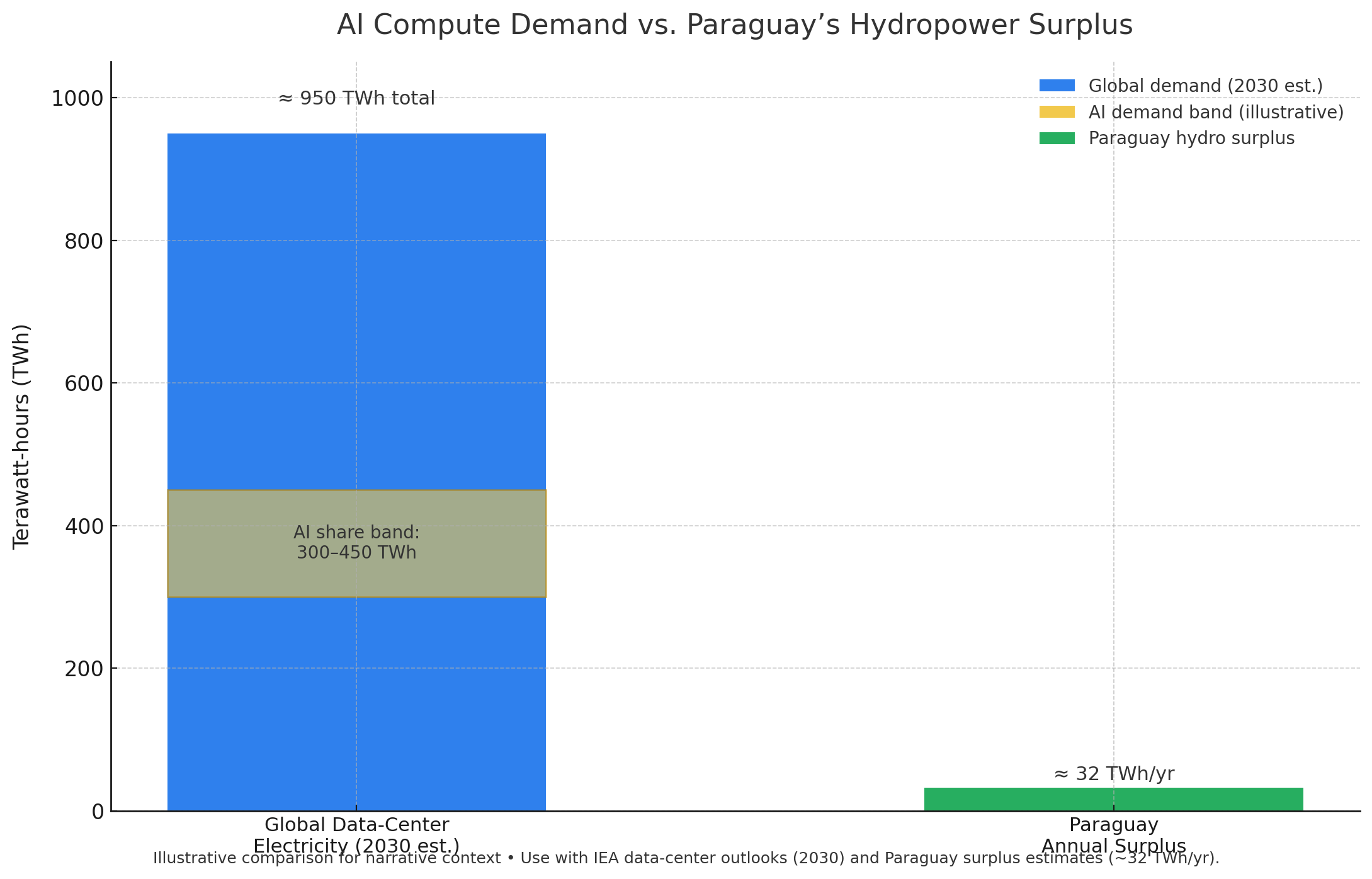 Bar chart comparing 2030 global data-center power demand (~950 TWh) with an AI ‘slice’ (≈300–450 TWh) versus Paraguay’s annual hydro surplus (~32 TWh). Shows global scale dwarfing a single nation’s surplus.