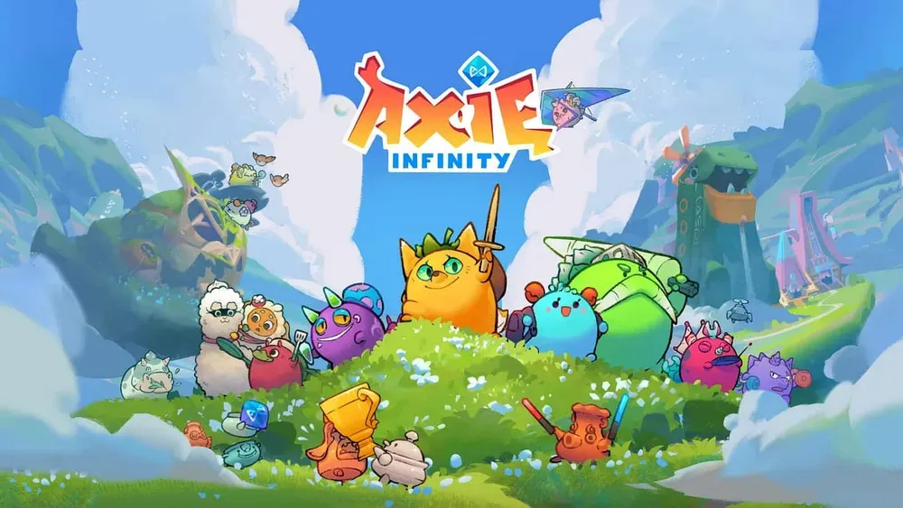Colorful fantasy creatures from Axie Infinity gathered on a grassy hill, with the game’s logo above and a vibrant fantasy landscape in the background