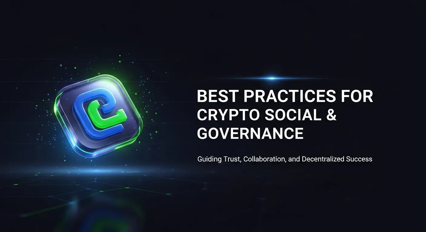 Blue-green glowing letter C inside a glass box with bright sparks, set against a dark blue grid background. Text reads "Best Practices for Crypto Social & Governance."