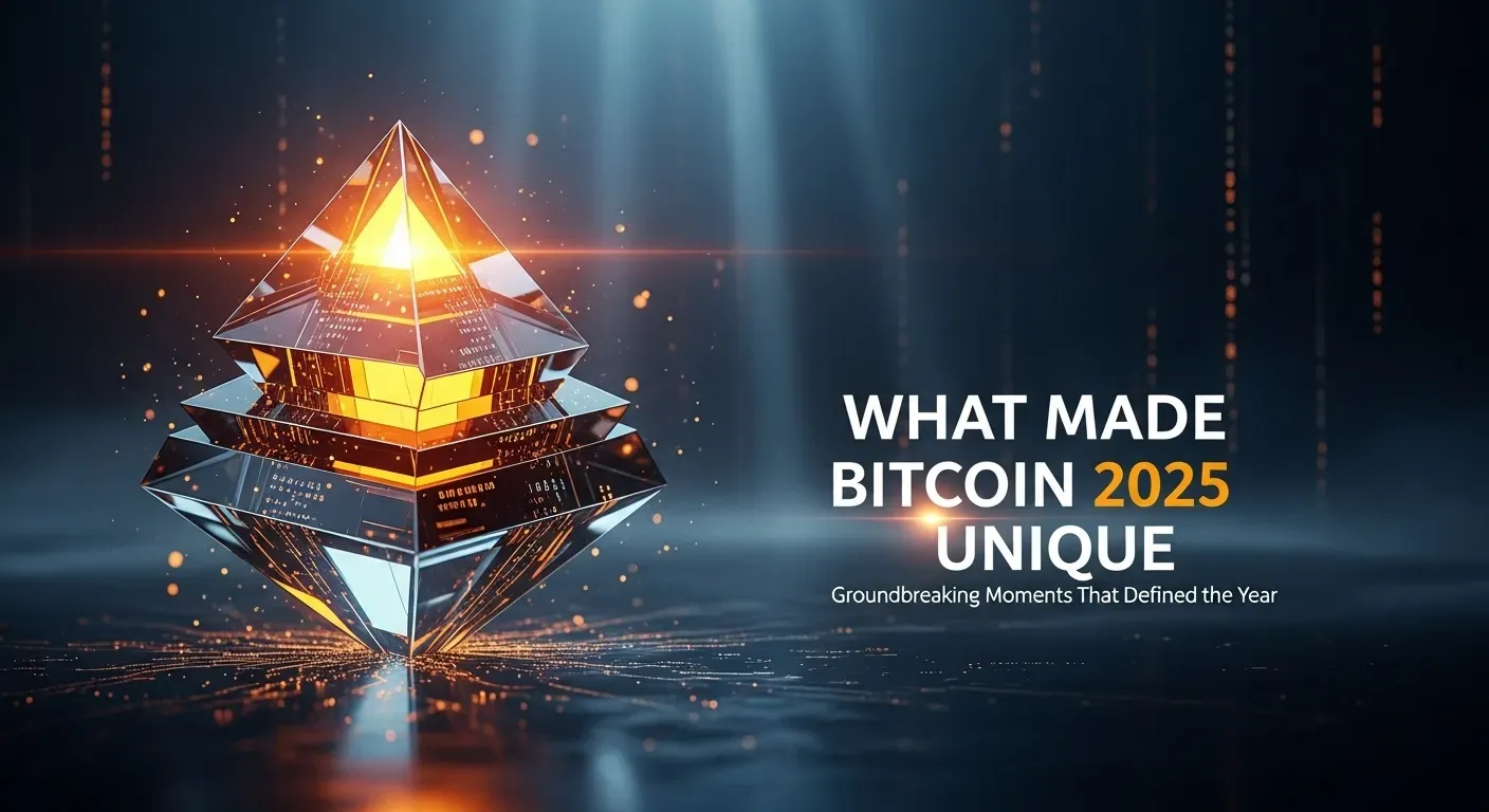 lowing multi-faceted orange crystal with digital circuit patterns on left, set against a dark futuristic background; white text reads “What Made Bitcoin 2025 Unique” and “Groundbreaking Moments That Defined the Year” on the right.