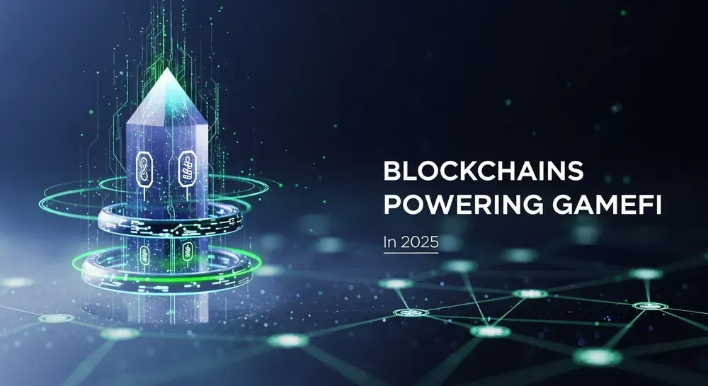Futuristic digital artwork of a glowing blue-green crystal with rotating rings and blockchain symbols, representing blockchains powering GameFi in 2025, set against a dark network-themed background.