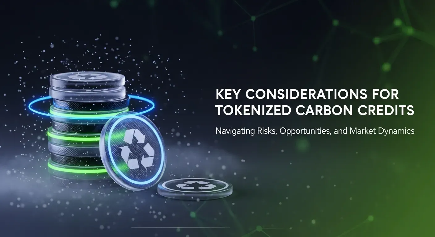 Stack of glowing token coins with network background and title about navigating carbon credit markets.
