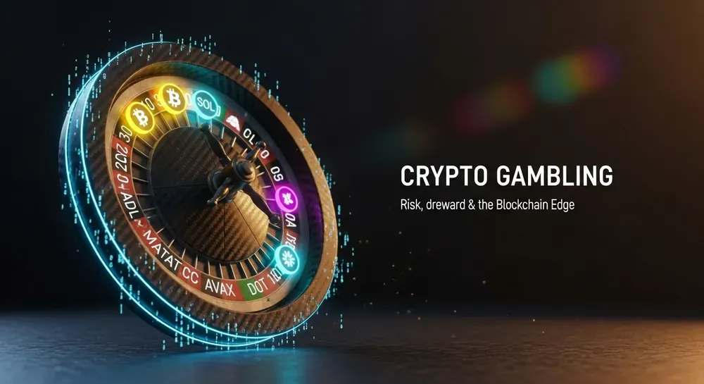 Digital roulette wheel featuring cryptocurrency logos like Bitcoin, Solana, Avalanche, and Polkadot, representing the concept of crypto gambling with the text “Risk, Reward & the Blockchain Edge.”