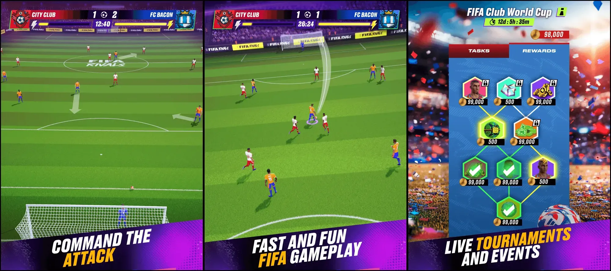 FIFA Rivals mobile game screenshots showing soccer gameplay with commands, fast-paced FIFA matches, and live tournaments with rewards in a colorful, stadium-themed interface.