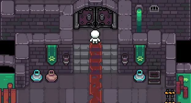 Pixel art dungeon scene from Gigaverse blockchain game, showing a white character facing large double doors, flanked by glowing green banners and decorative jars.
