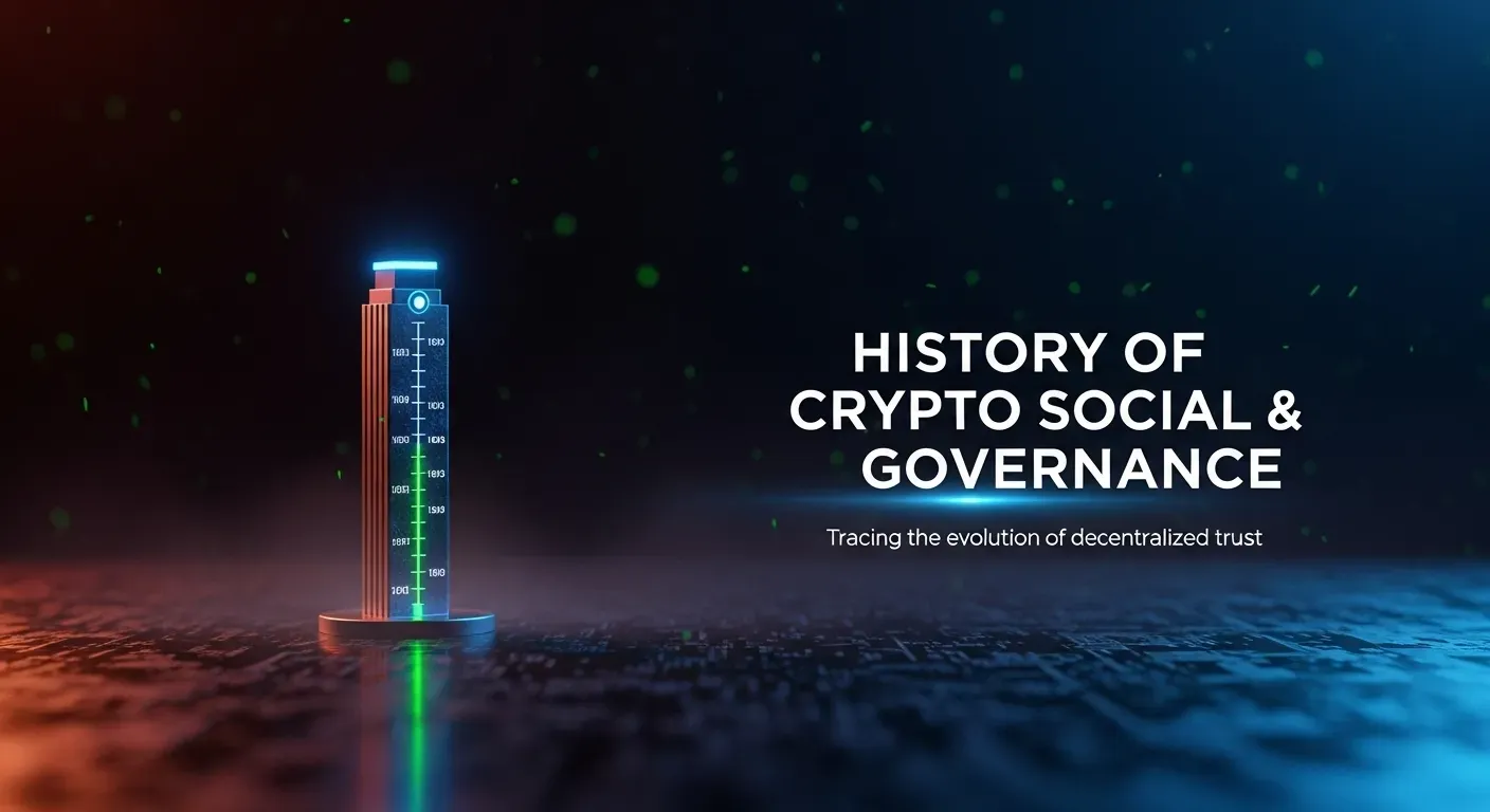 Futuristic vertical gauge with glowing blue and green lights on reflective dark surface, with floating digital particles. Text: "History of Crypto Social & Governance."