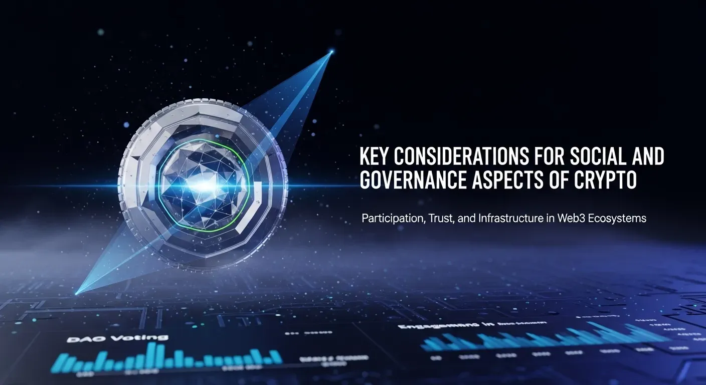 Futuristic circular mechanism with glowing blue core and digital data points on dark background. Text: "Key Considerations for Social and Governance Aspects of Crypto."