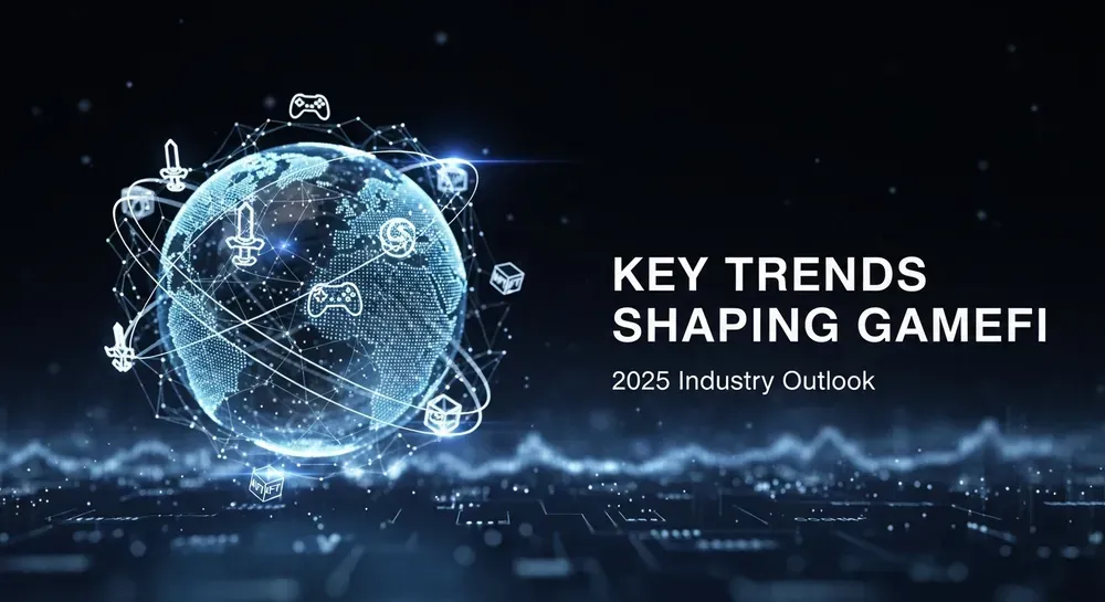 Futuristic digital globe with gaming and blockchain icons connected by neon lines, representing key trends shaping GameFi in 2025, alongside industry outlook text.