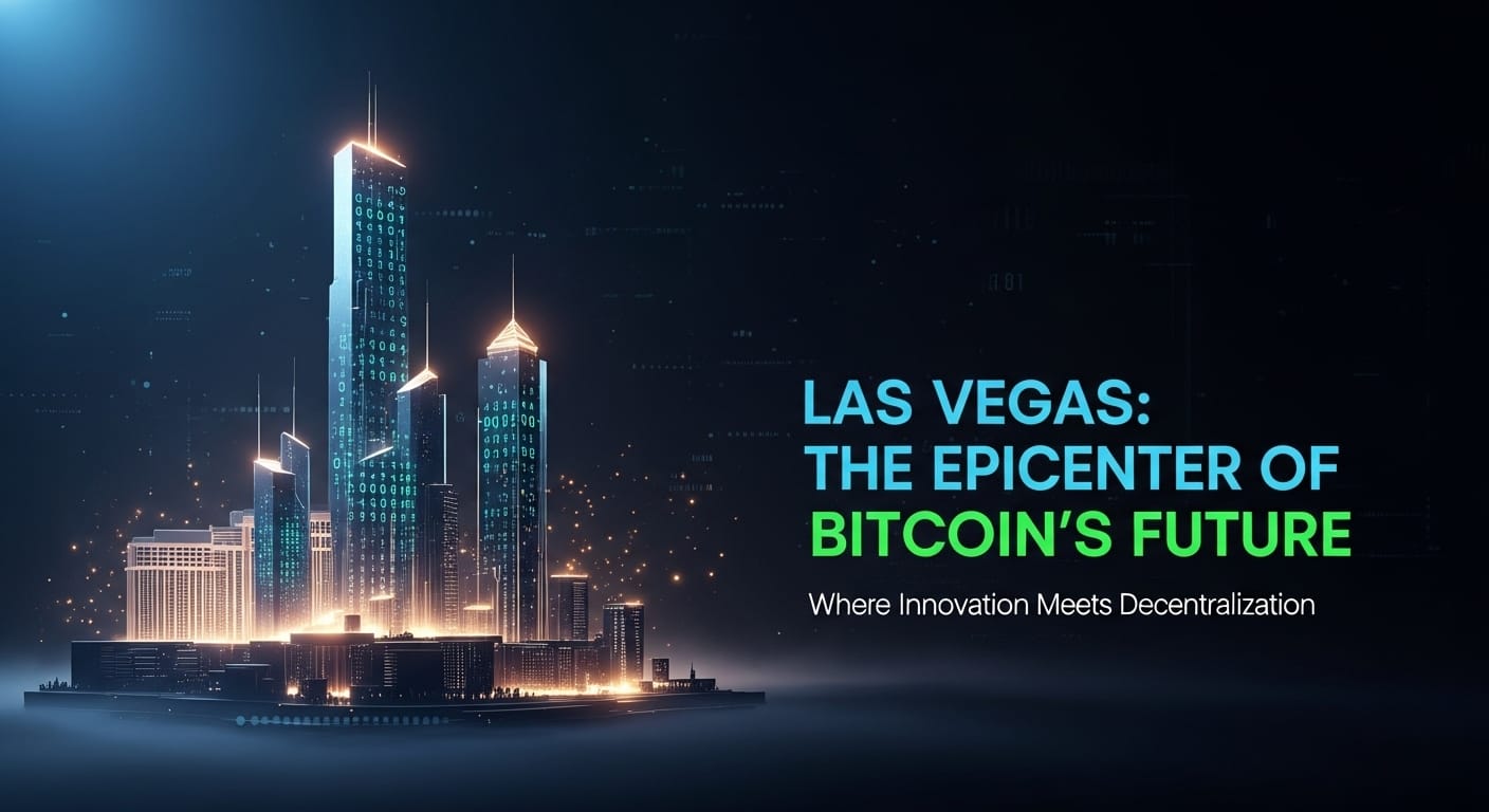 Futuristic nighttime cityscape of glowing skyscrapers with digital patterns, highlighting Las Vegas as the epicenter of Bitcoin's future with bold white and green text on the right.