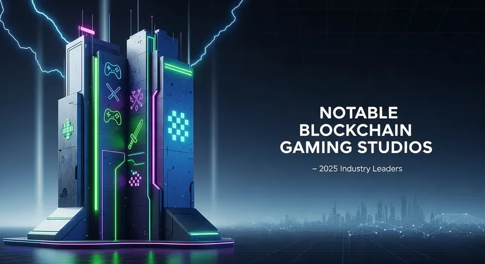 Futuristic neon-lit skyscraper with gaming icons, glowing outlines, and lightning bolts, representing top blockchain gaming studios of 2025, set against a digital cityscape background.